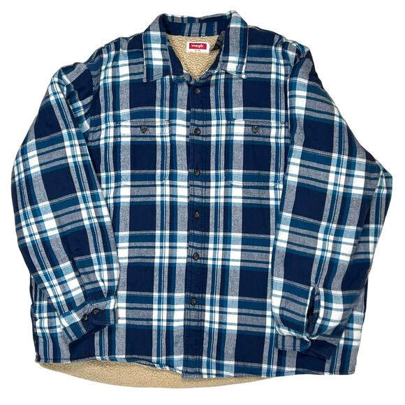 Wrangler Mens Sherpa Lined Flannel Shacket Blue Plaid Jacket 2XL - Picture 1 of 10